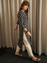 Indo Era Black Ethnic Motifs Printed Pure Cotton Straight Kurta