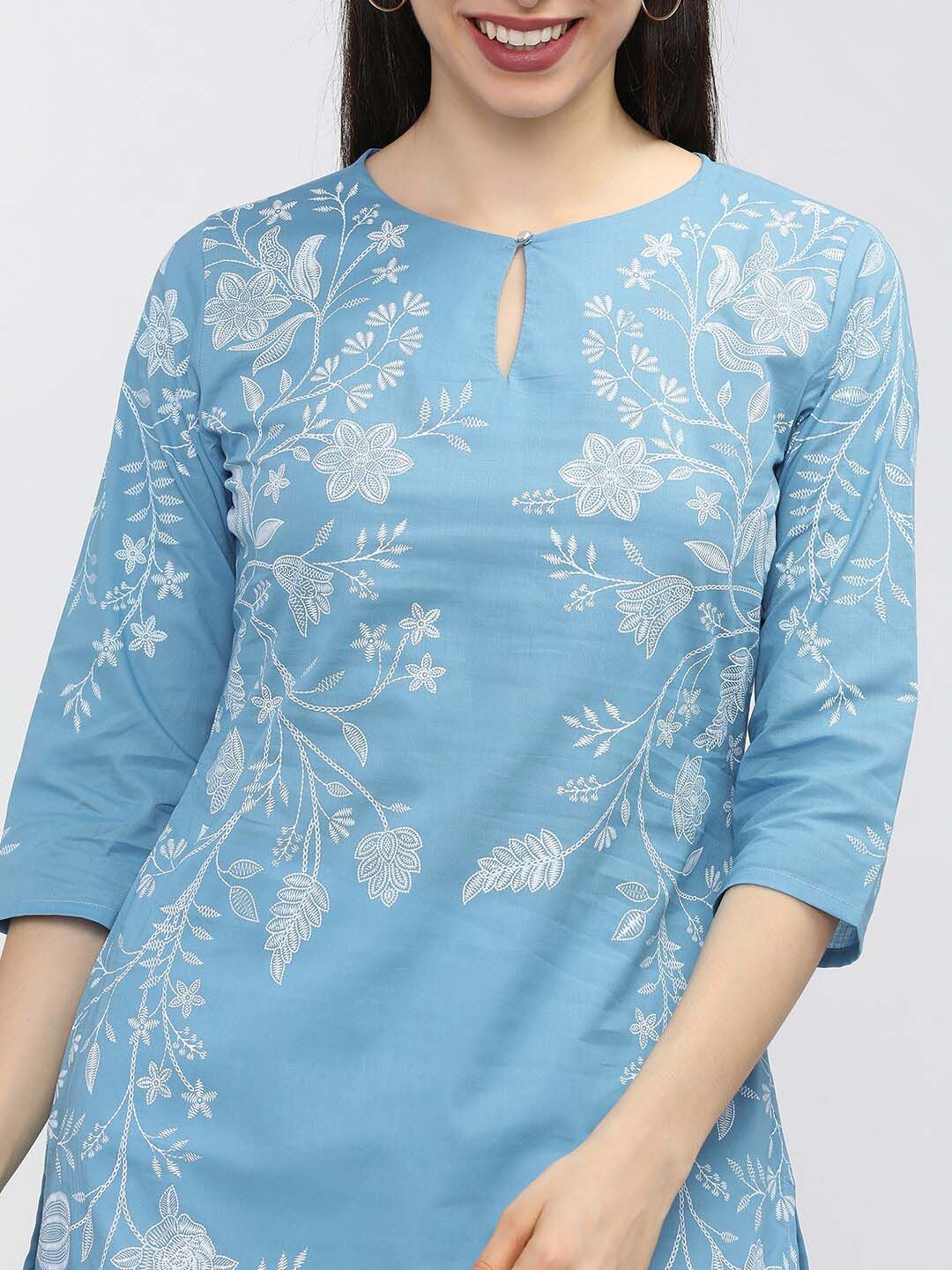 Vishudh Women Blue Floral Printed Keyhole Neck Kurta