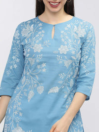 Vishudh Women Blue Floral Printed Keyhole Neck Kurta