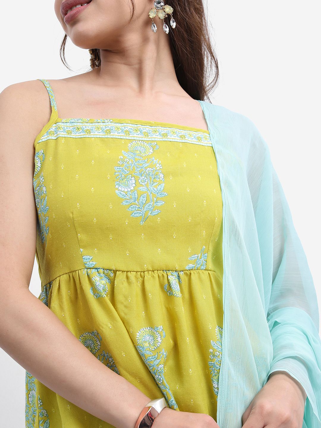 Vishudh Lime Green Floral Printed Empire A-line Kurta With Dhoti Pants & Dupatta