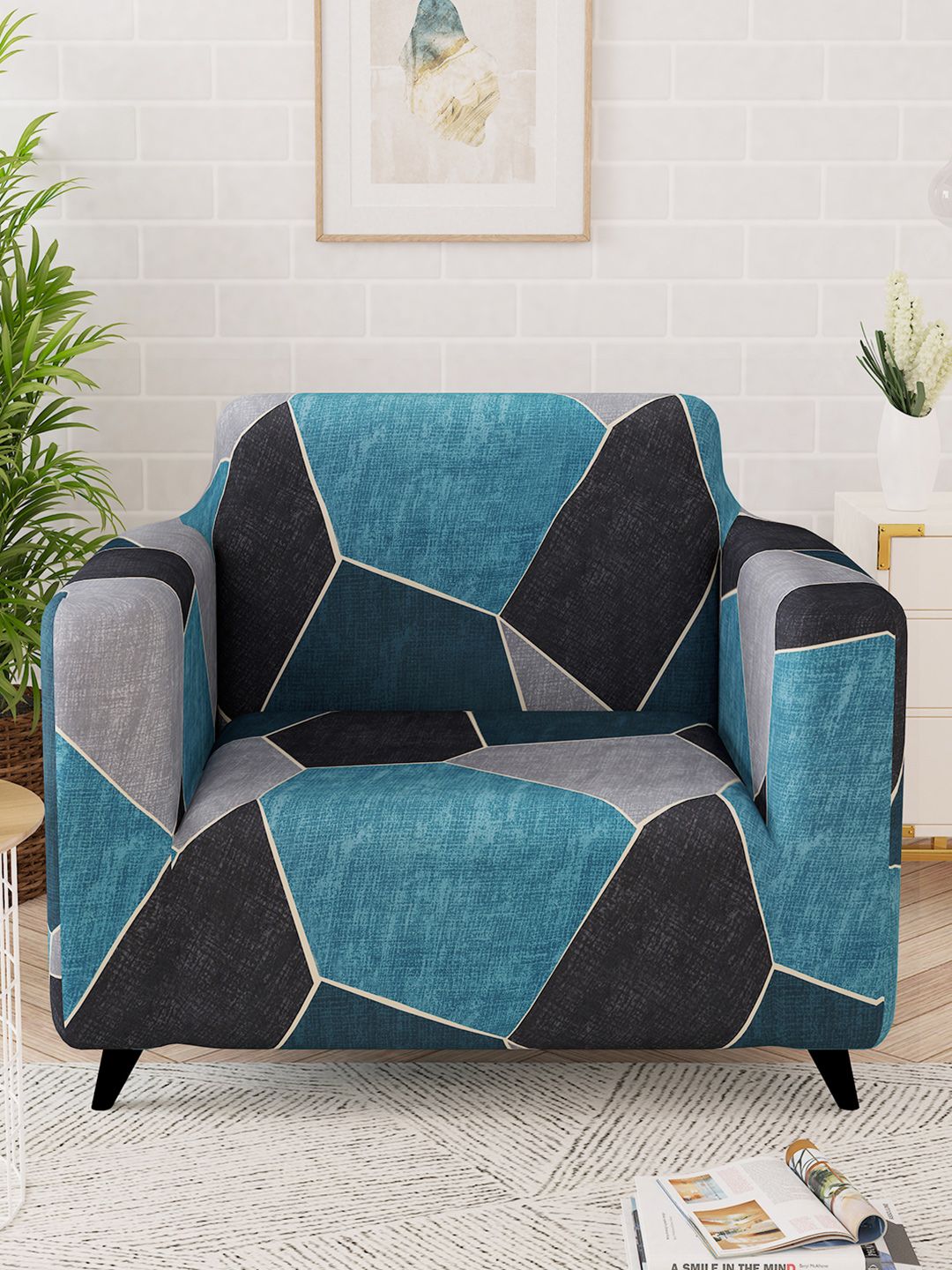 Story@home Blue & Black Printed 1 Seater Stretchable Sofa Cover With Arms