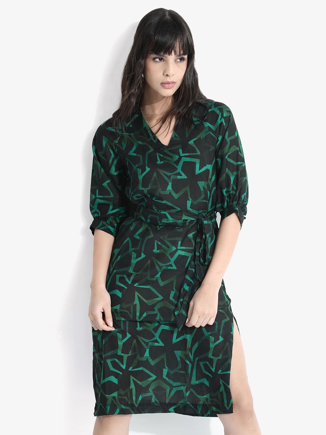 RAREISM Abstract Print Linen A-Line Midi Dress