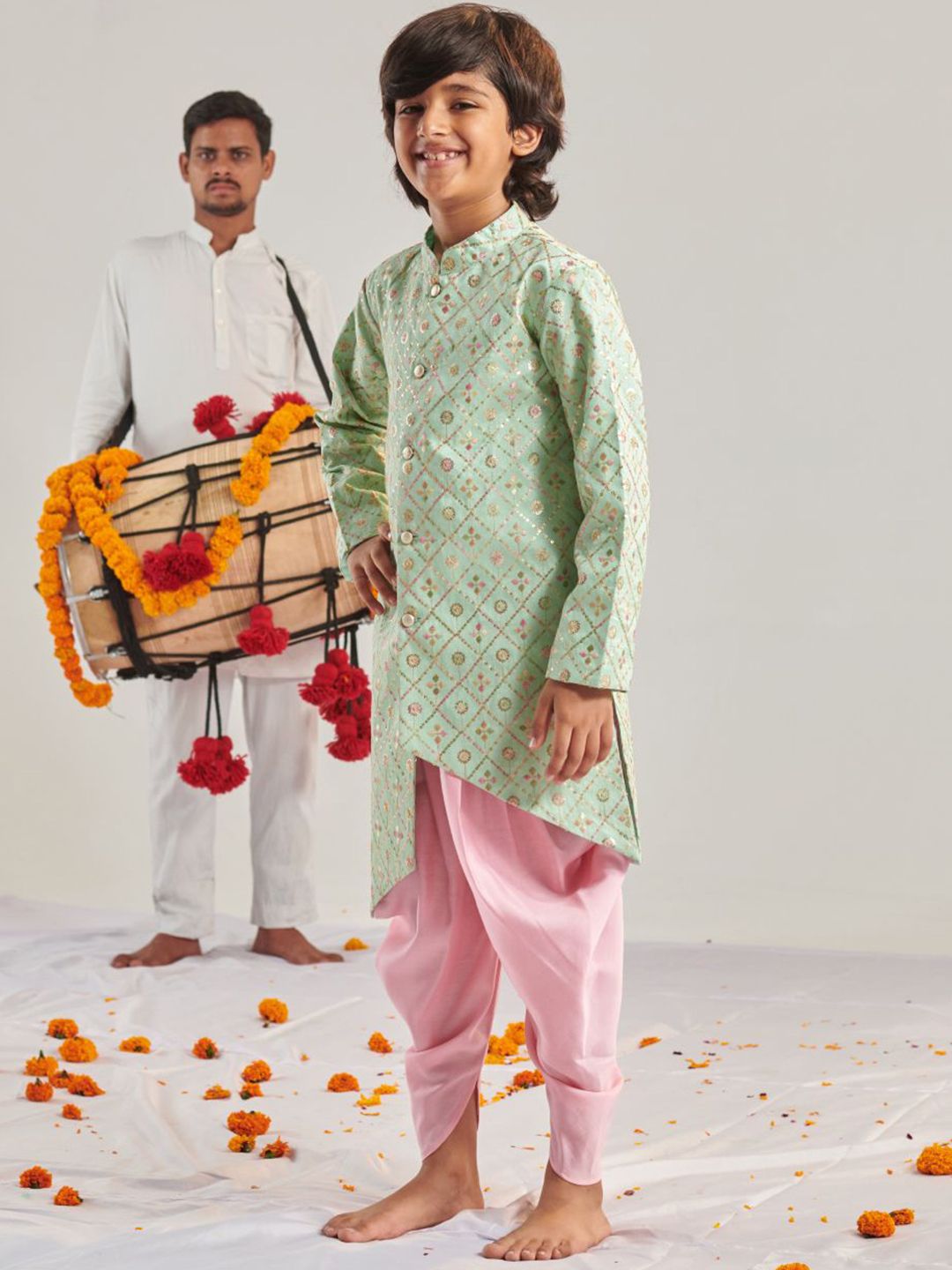 pspeaches Boys Ethnic Motifs Embroidered Regular Thread Work Kurta with Dhoti Pants