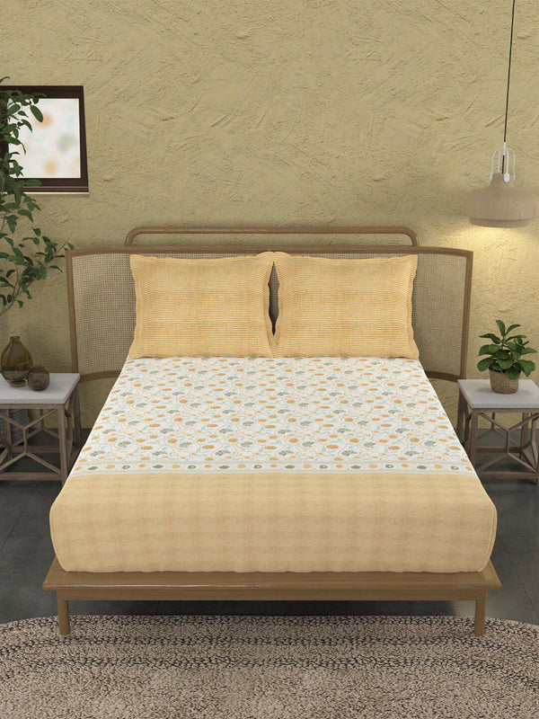 MYTRIDENT Block Print Mastard Sanskriti Flat 144TC King Cotton Bedsheet Set