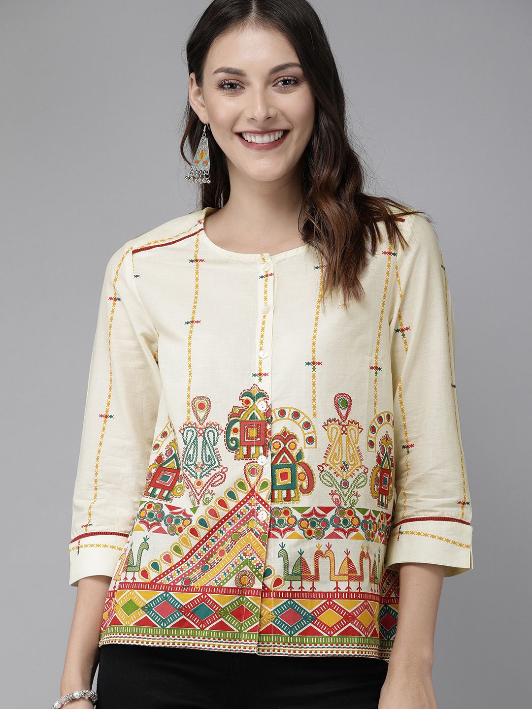 Anouk Beige & Red Antiviral Finish Ethnic Motifs Anti-Viral Pure Cotton Top