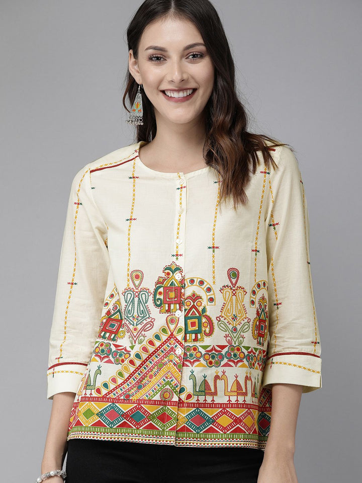 Anouk Beige & Red Antiviral Finish Ethnic Motifs Anti-Viral Pure Cotton Top