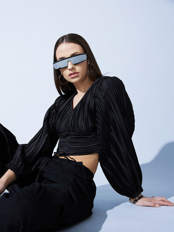 STREET 9 Black Bishop Sleeves Accordion Pleats Crop Top