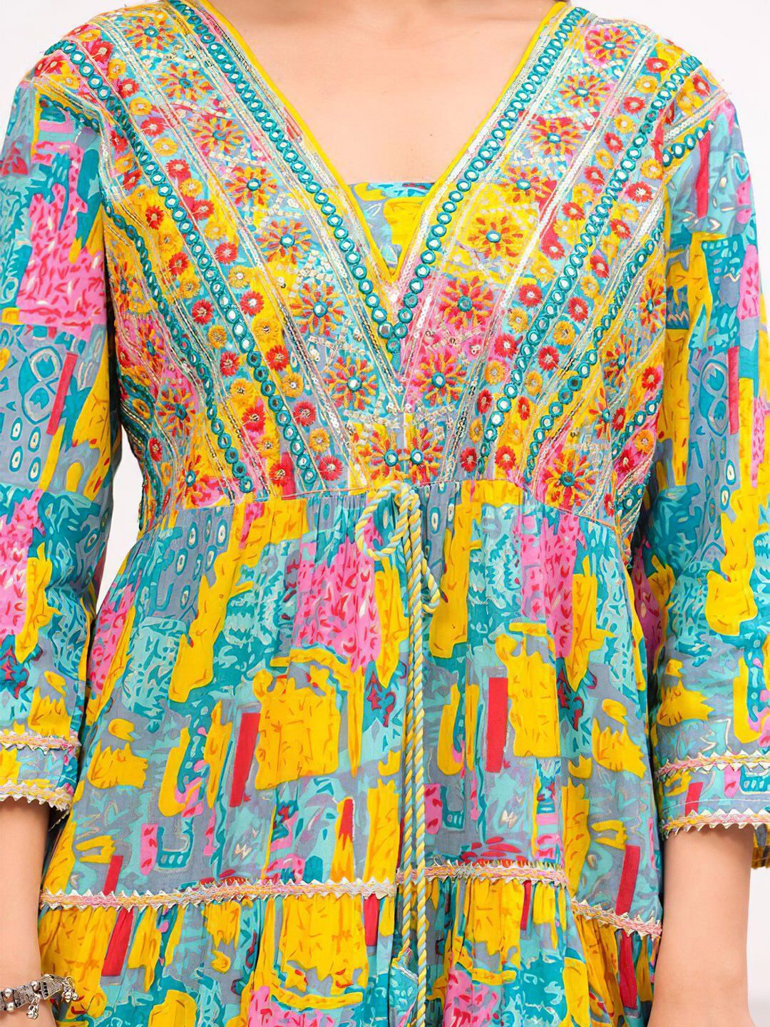 KALINI Floral Embroidered Mirror Work Anarkali Kurta With Trousers & Dupatta