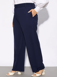 SASSAFRAS Curve Women Plus Size Navy Blue Straight Fit Hem Button Detail Parallel Trousers
