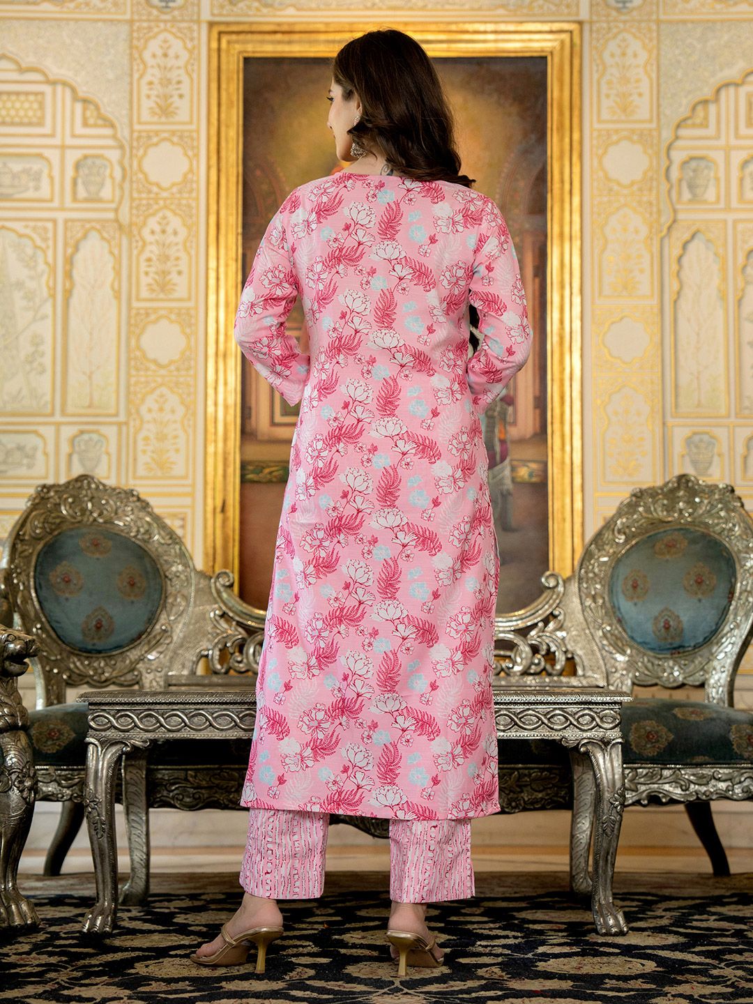 KALINI Floral Printed Thread Work Straight Kurta with Trousers & Dupatta