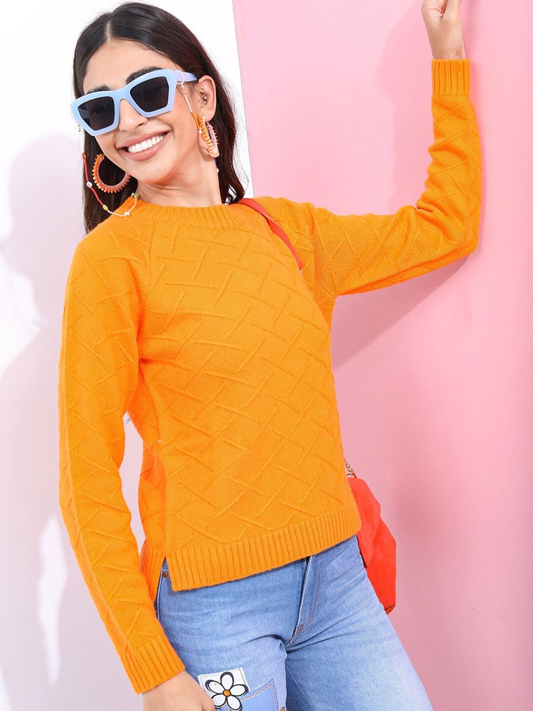 Tokyo Talkies Womens Orange Jacquard Acrylic Pullover