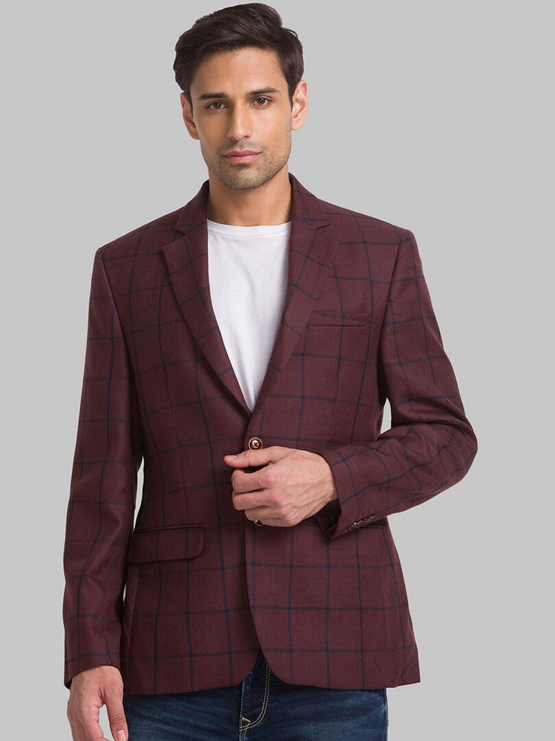 Park Avenue Men Maroon Checked Single Breasted Formal Blazer