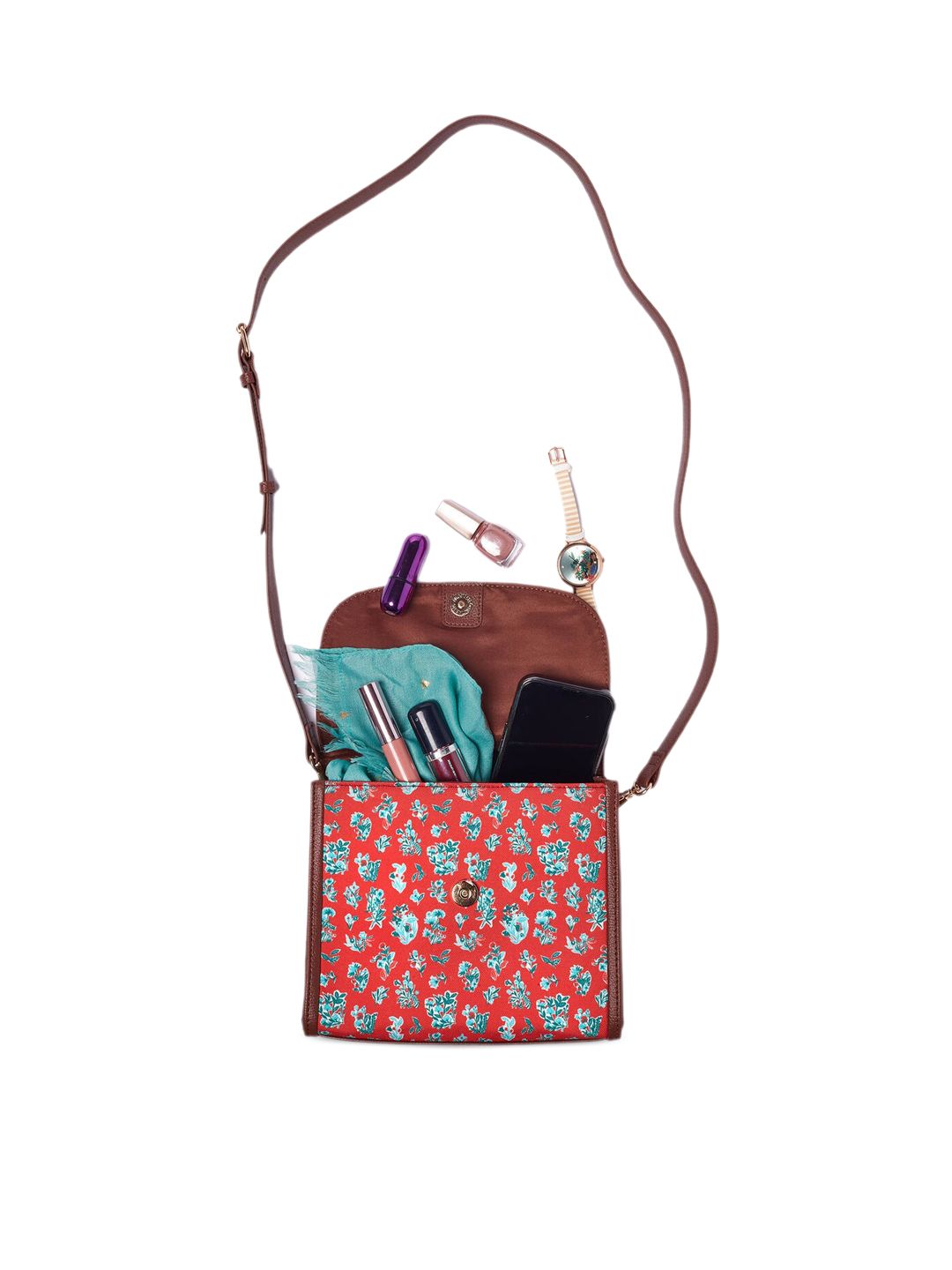 TEAL BY CHUMBAK Detachable Sling Strap Floral Printed Structured Satchel Bag