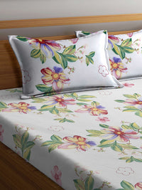 KLOTTHE White Floral Print 300 TC Fitted Super King Double Bedsheet with 2 Pillow Covers