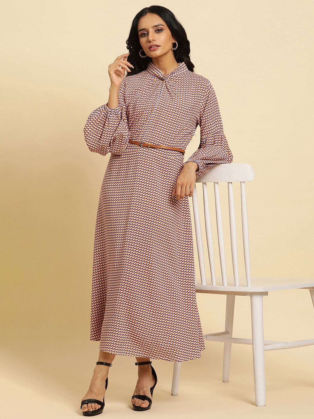W  Geometric Printed High Neck Maxi Dress