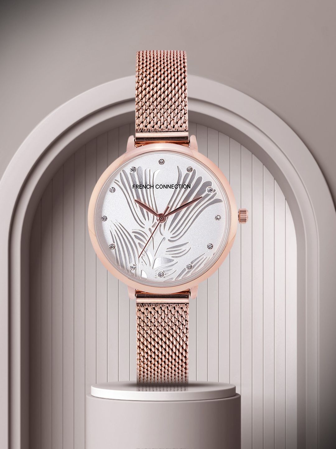 French Connection Women Silver-Toned Floral Textured Analogue Watch FCL0007A