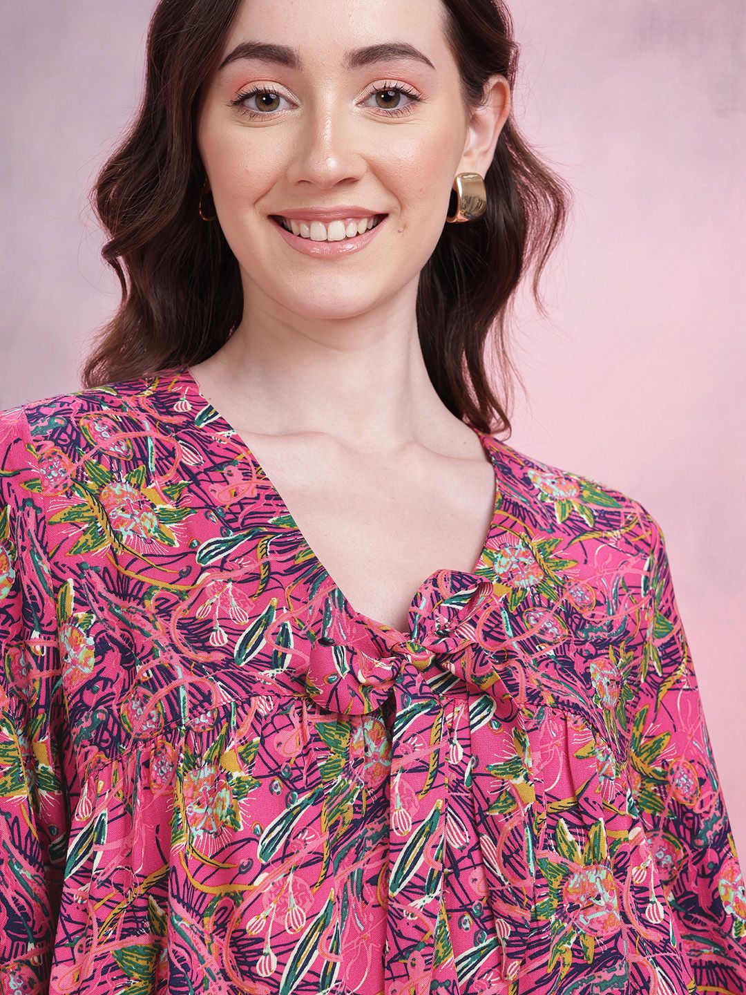 DressBerry Tropical Print Tie-Up Neck Regular Top