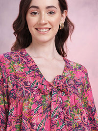 DressBerry Tropical Print Tie-Up Neck Regular Top