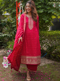Libas Women Magenta Floral Embroidered Kurta with Palazzos & Dupatta