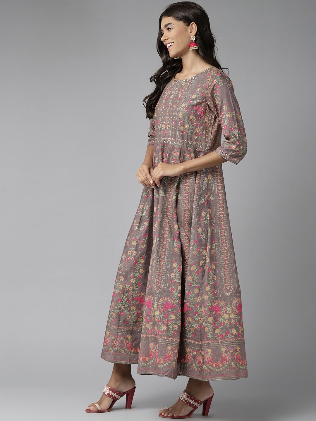 W Women Brown & Pink Ethnic Motifs Printed A-Line Maxi Dress