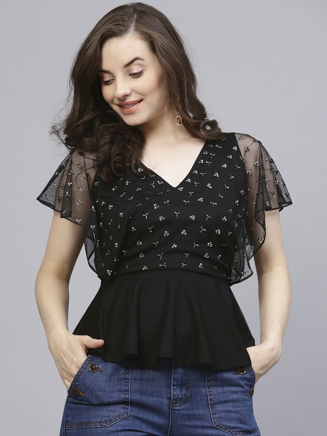 STREET 9 Black Embellished Peplum Top