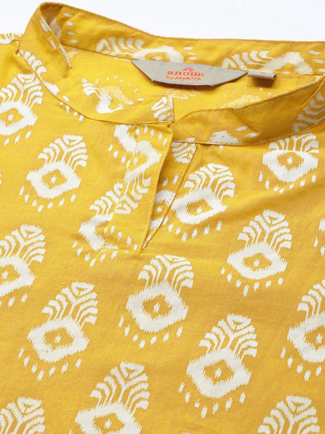 Anouk Women Mustard Yellow & Off White Pure Cotton Ethnic Motifs Printed Kurta