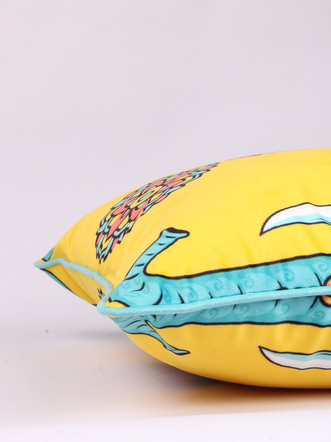 STITCHNEST Yellow & Blue 5 Pieces Ethnic Motifs Printed Velvet Square Cushion Covers