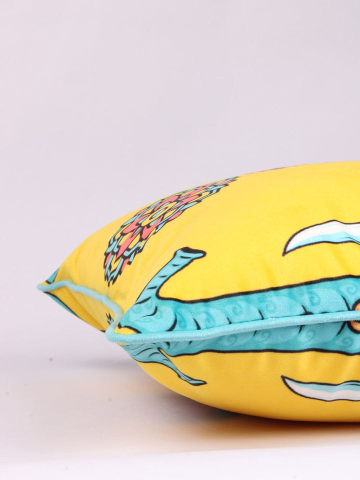 STITCHNEST Yellow & Blue 5 Pieces Ethnic Motifs Printed Velvet Square Cushion Covers
