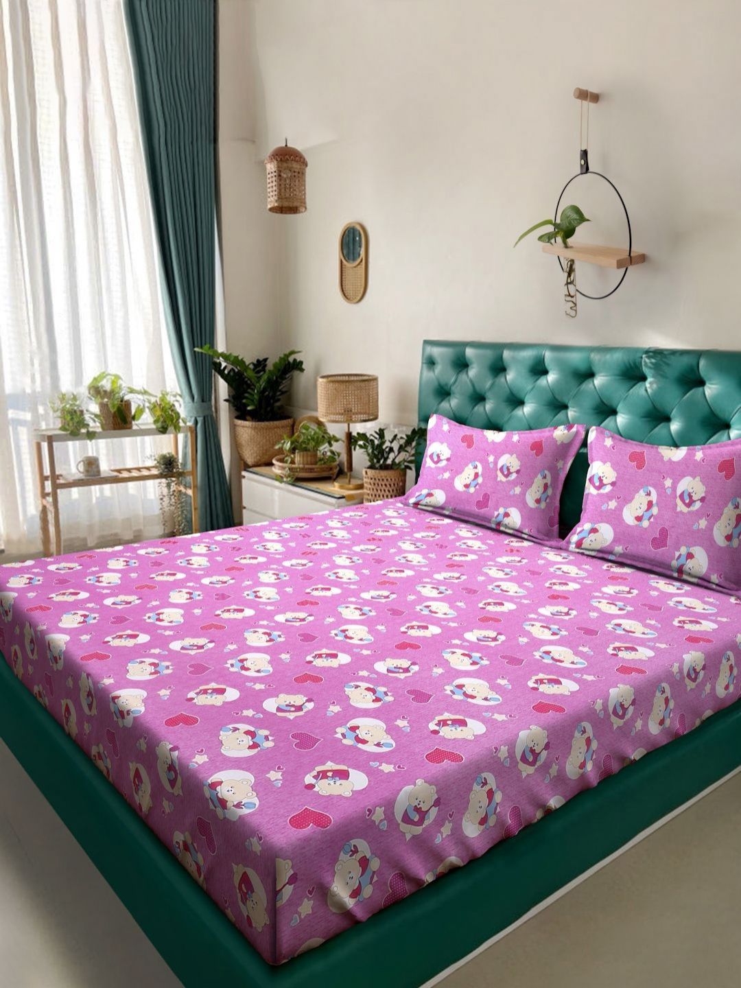 KLOTTHE Purple Conversational Cotton 400 TC King Fine Bedsheet with 2 Pillow Covers-250 x 225 cm