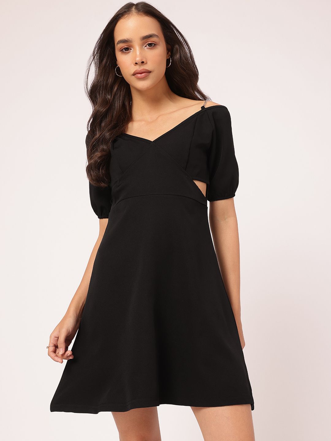 DressBerry Stylish & Savvy Chain Strap Detail Puff Sleeve Cut-Out A-Line Mini Dress
