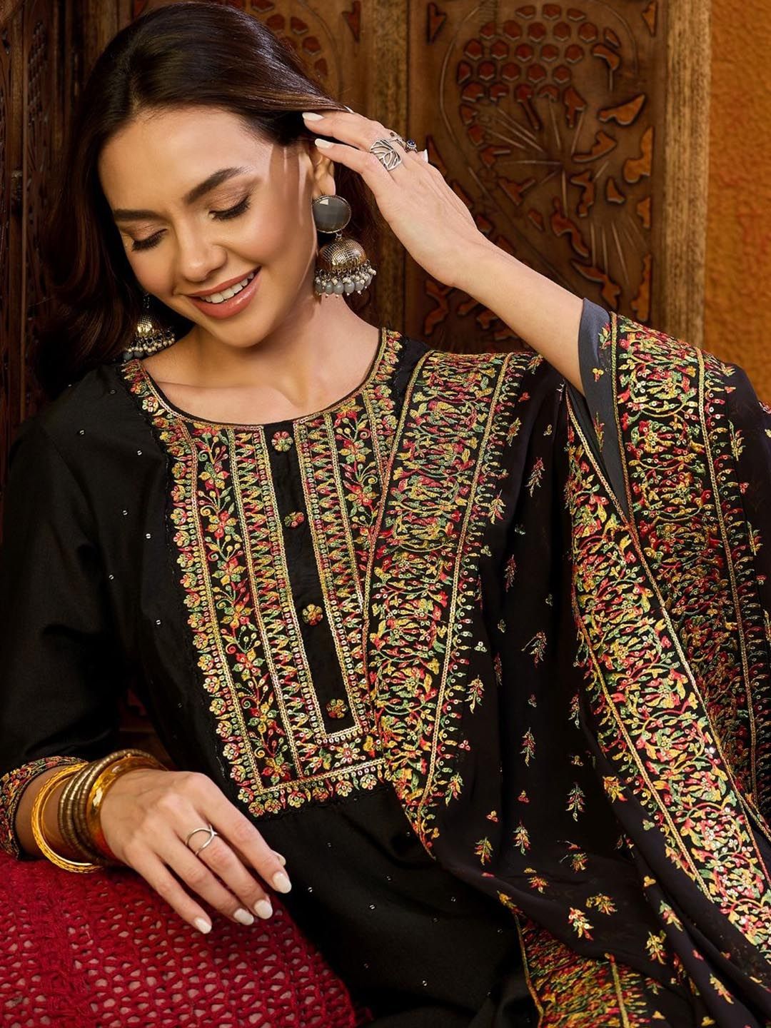 KALINI Ethnic Motifs Embroidered Thread Work Straight Kurta with Trousers & Dupatta