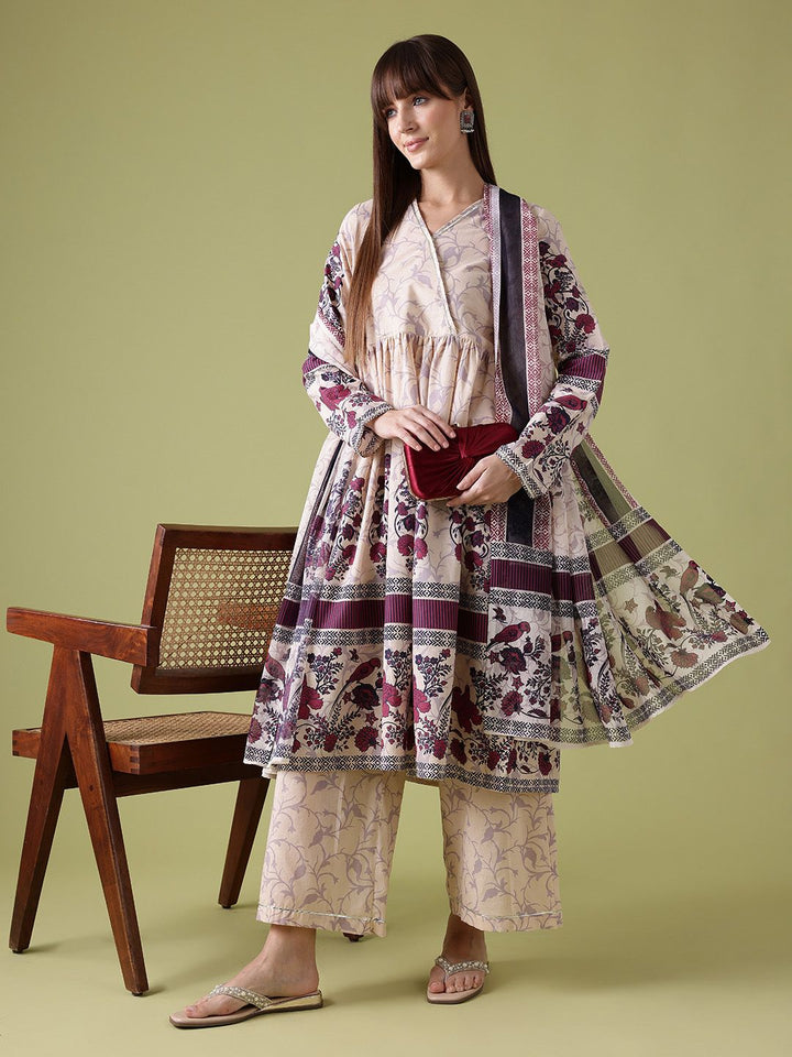 Anouk Printed Gotta Patti Cotton Angrakha Kurta with Palazzos & With Dupatta