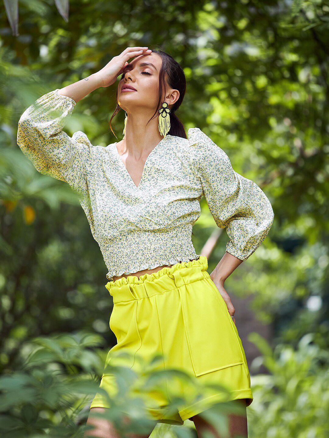 Athena Women Yellow Floral Print Smoked Detail Peplum Top