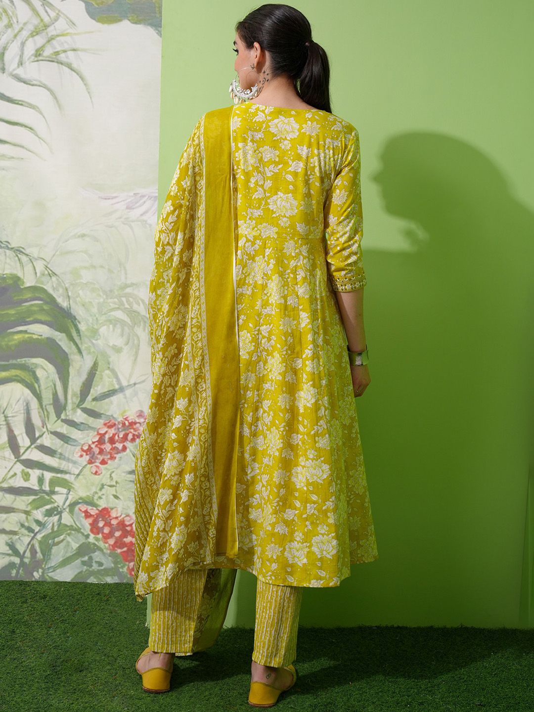Vishudh Olive Green Printed Thread Work Pure Cotton Anarkali Kurta With Trousers & Dupatta