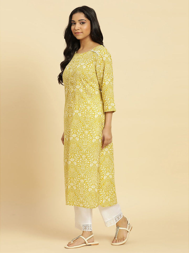 W Yellow Floral Printed Keyhole Neck Gotta Patti Cotton A-Line Kurta