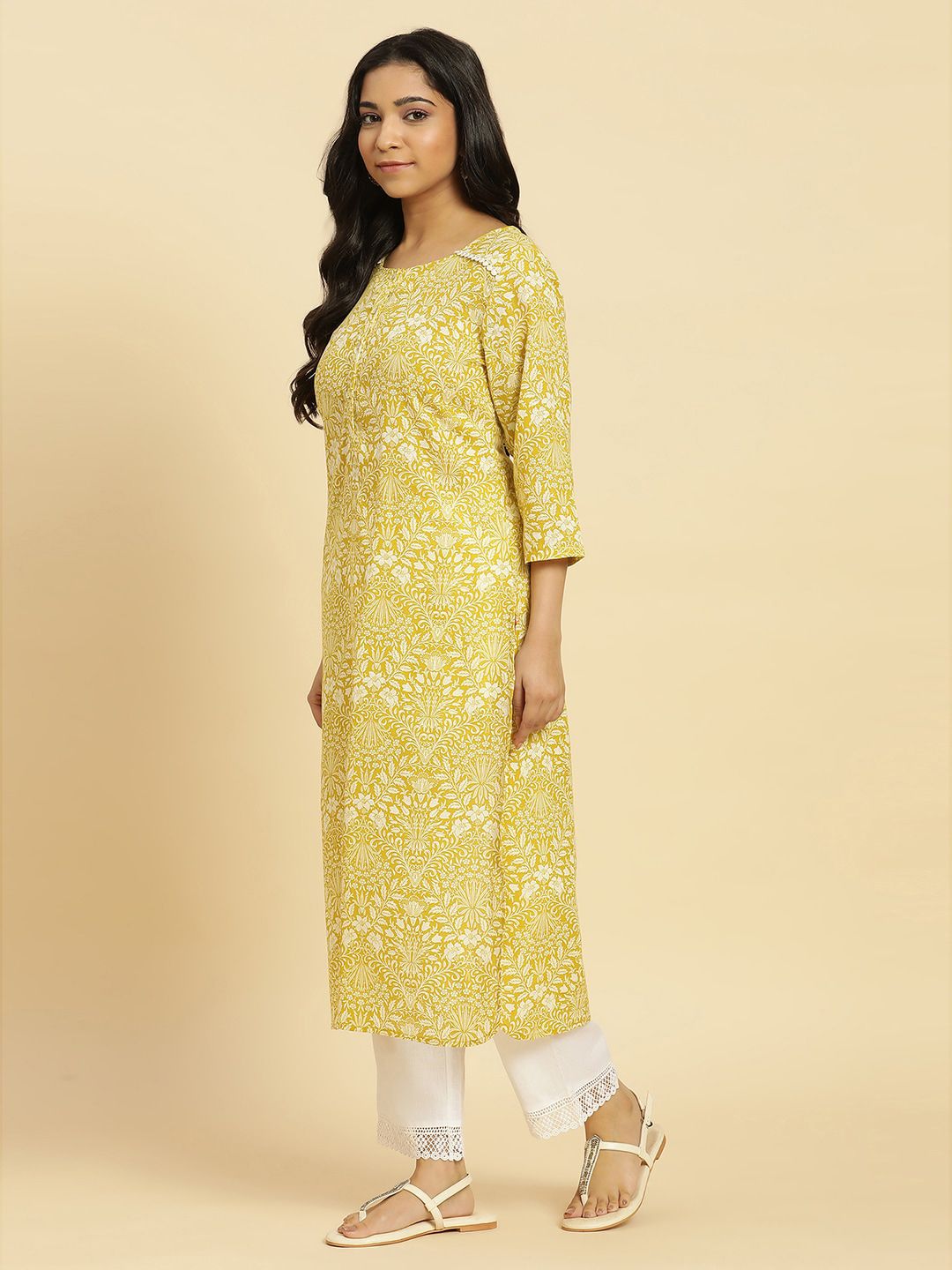 W Yellow Floral Printed Keyhole Neck Gotta Patti Cotton A-Line Kurta