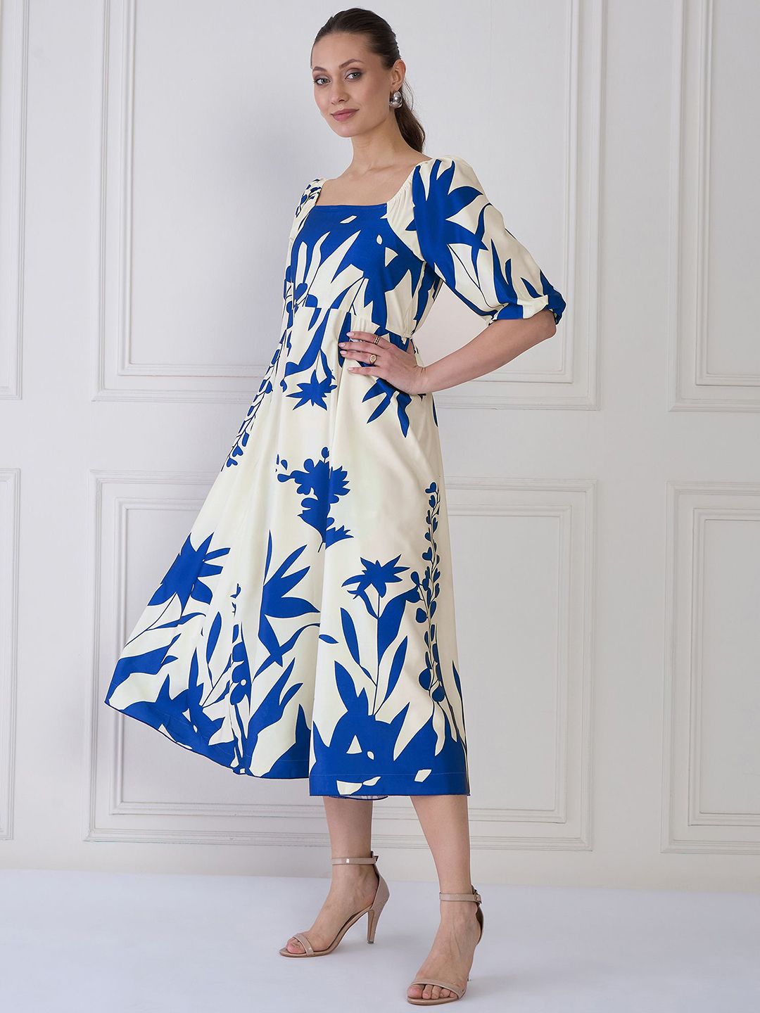 Antheaa Tie and Dye Print Puff Sleeve Crepe A-Line Midi Dress