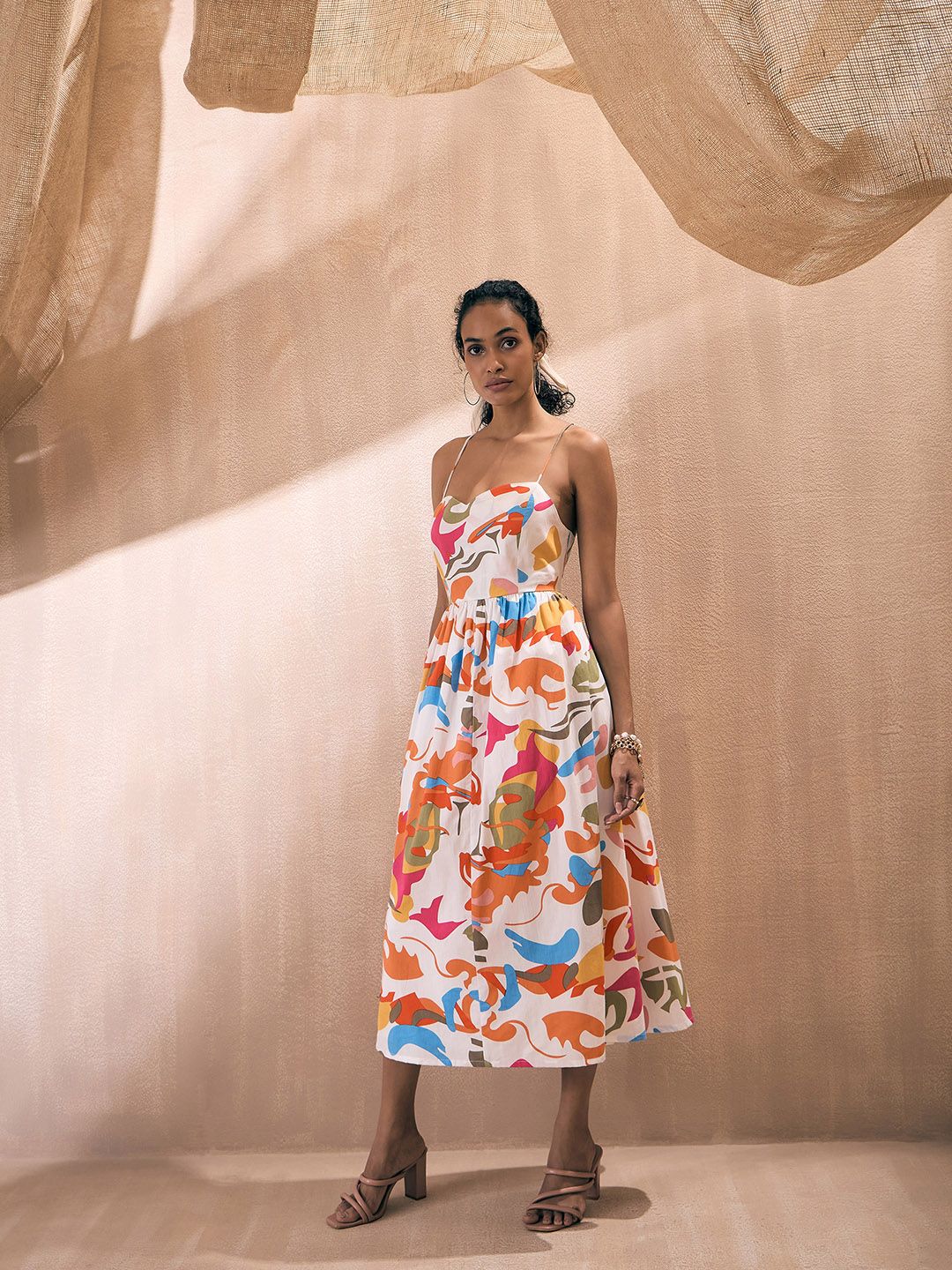 Pink Paprika by SASSAFRAS Abstract Printed Shoulder Straps Poplin Fit & Flare Midi Dress