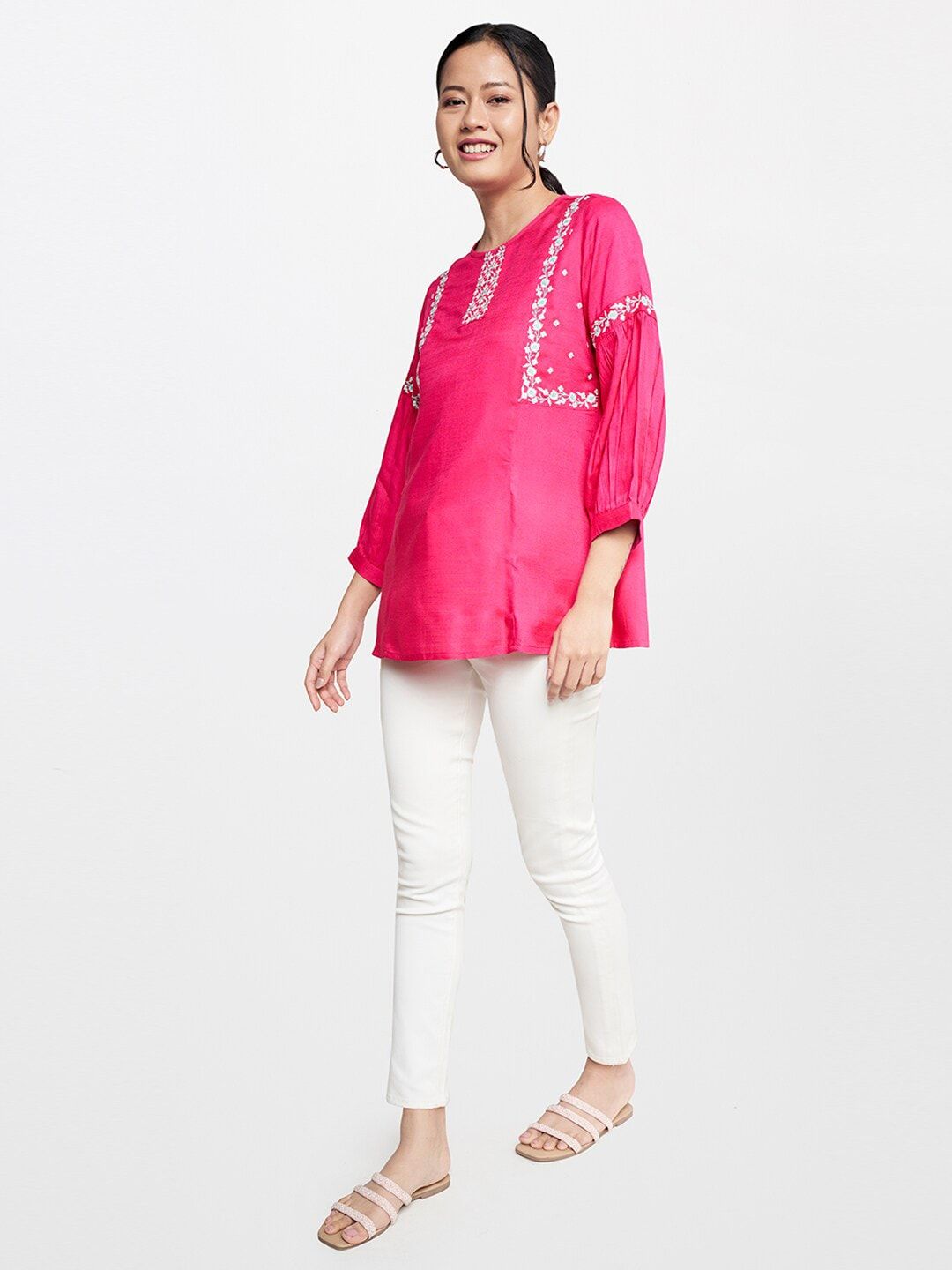 Global Desi Floral Embroidered Puff Sleeves Top