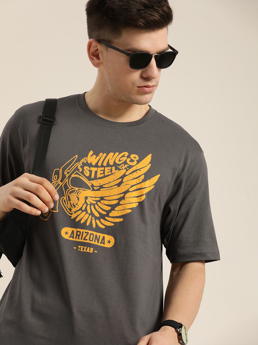 Difference of Opinion Men Charcoal & Mustard Yellow Printed Pure Cotton Loose T-shirt