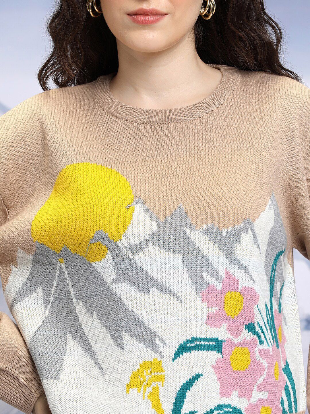 Tokyo Talkies Tan-brown Conversational Printed Jacquard Knitted Acrylic Pullover Sweater