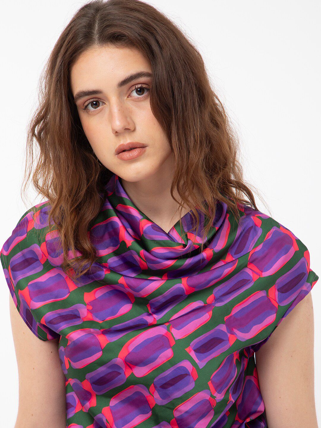RAREISM Abstract Printed Cowl Neck Extended Sleeves Top