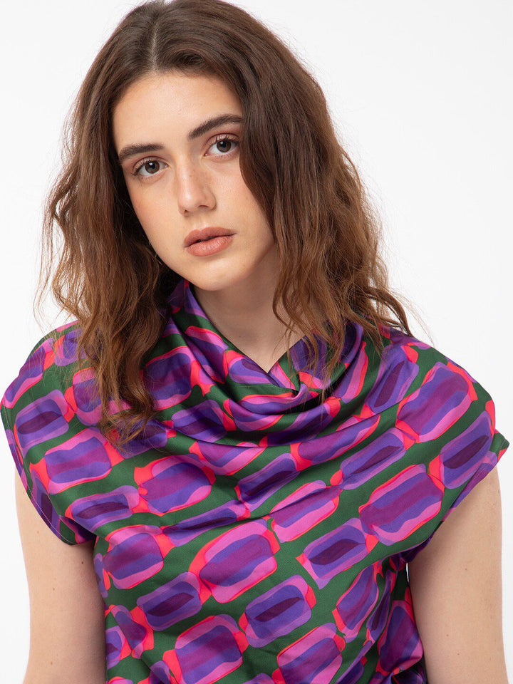RAREISM Abstract Printed Cowl Neck Extended Sleeves Top