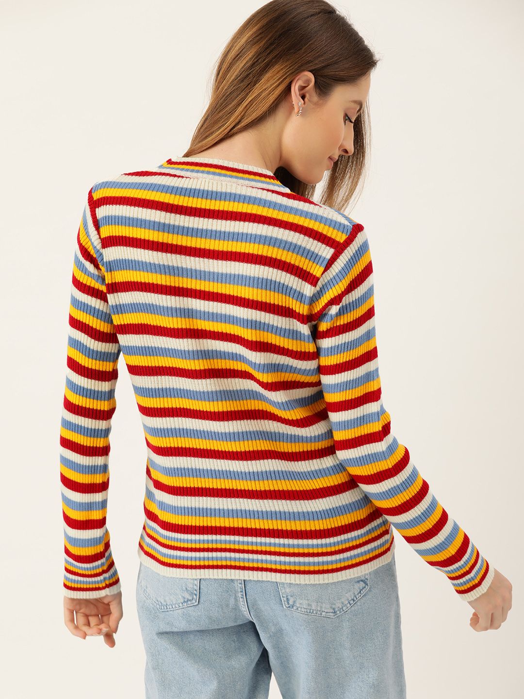 DressBerry Women Red & Mustard Yellow Striped Pullover