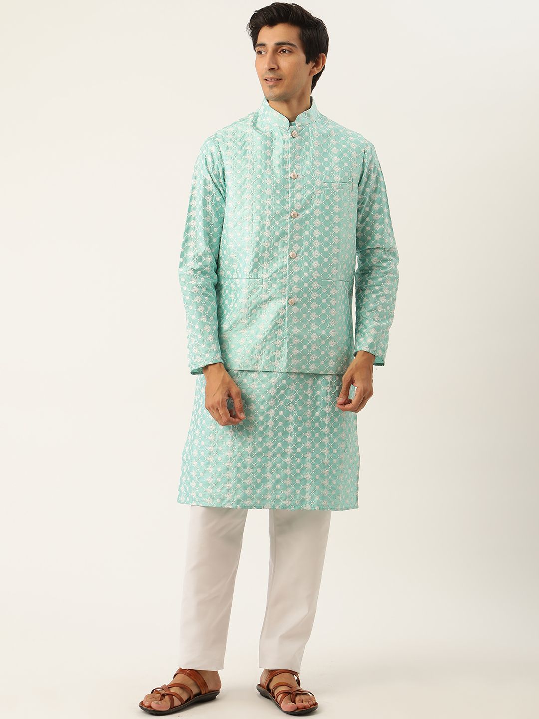SOJANYA Men Sea Green & White Woven Design Kurta with Pyjamas & Nehru Jacket