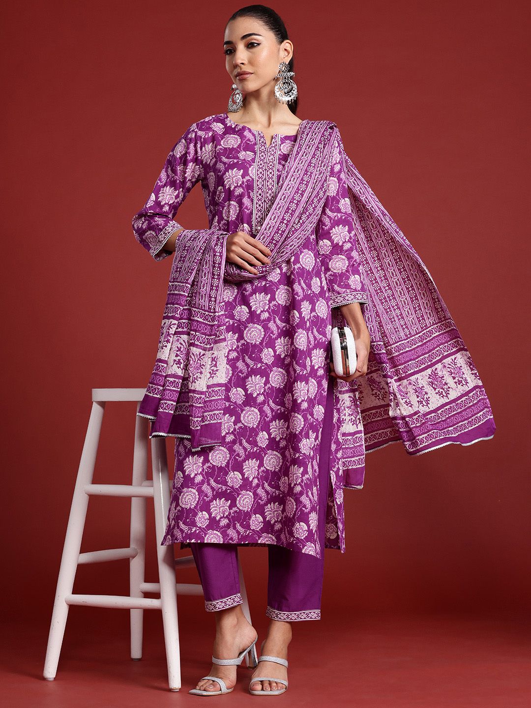 Indo Era Floral Printed Mirror Work Pure Cotton Kurta With Trousers & Dupatta