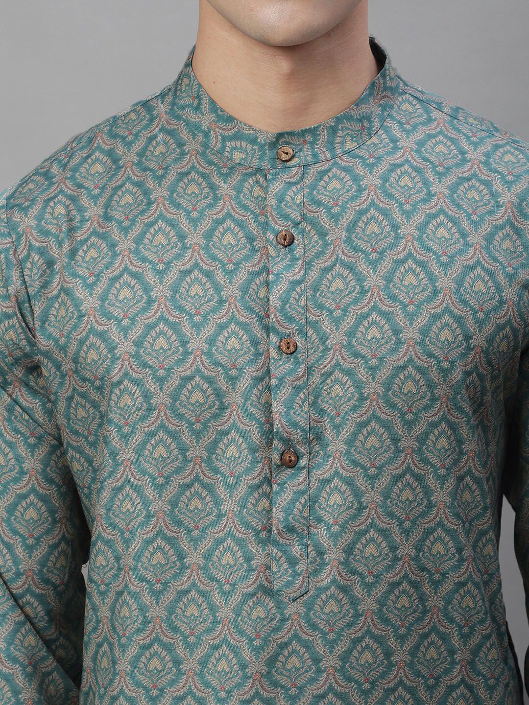 Anouk Teal Green and white Ethnic Printed Band Collar Pure Cotton Kurta with Pyjamas