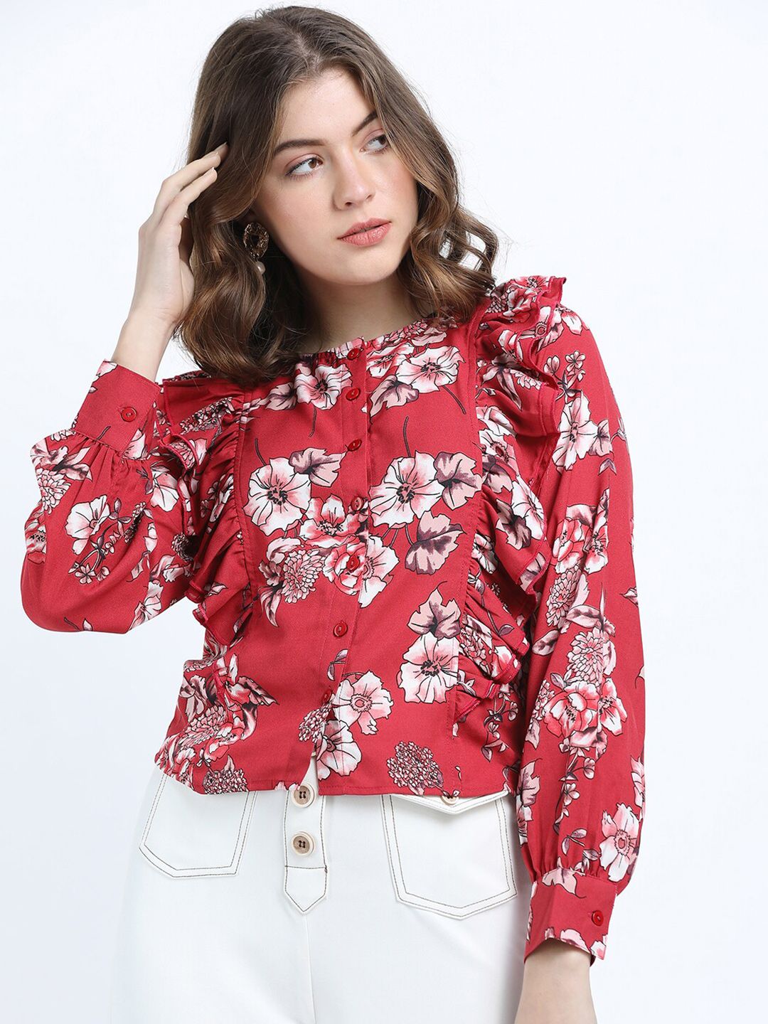 Tokyo Talkies Rust Floral Print Tie-Up Neck Top