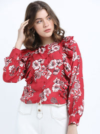 Tokyo Talkies Rust Floral Print Tie-Up Neck Top