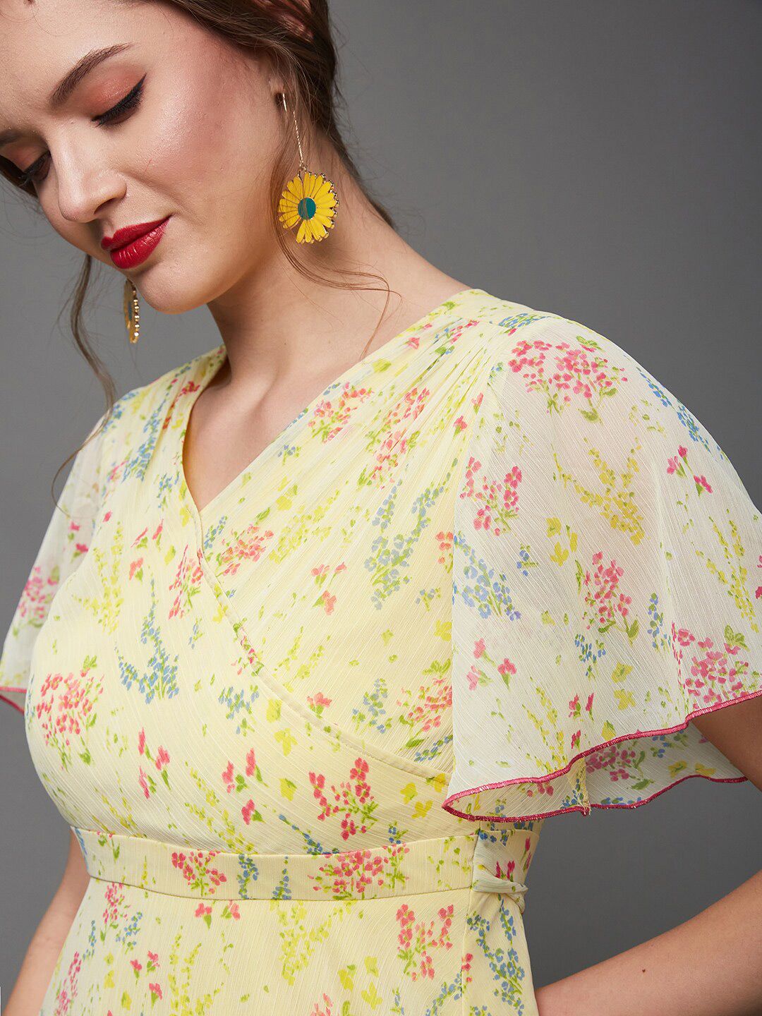 Miss Chase Floral Printed Flared Sleeves Chiffon A-Line Midi Dress